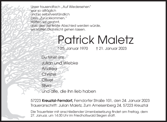 Traueranzeige von Patrick Maletz von Siegener Zeitung