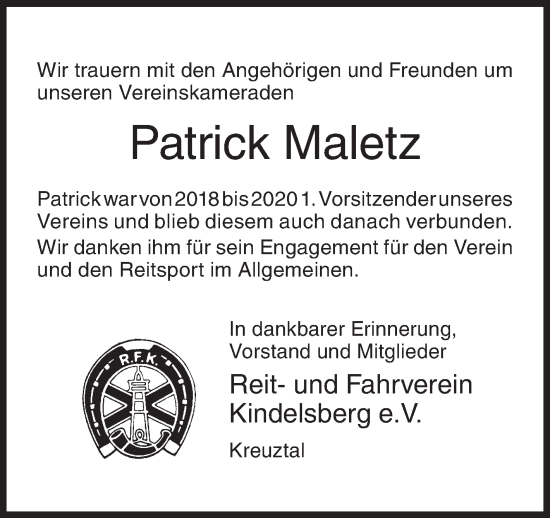 Traueranzeige von Patrick Maletz von Siegener Zeitung