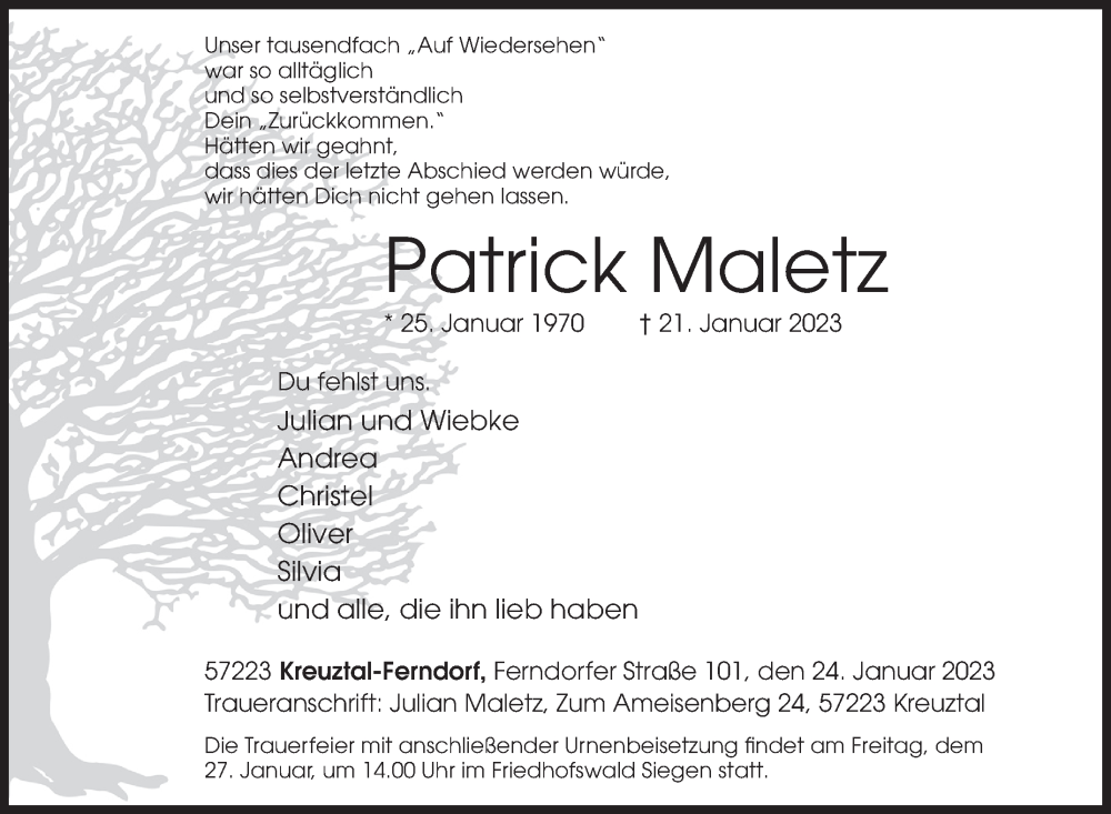  Traueranzeige für Patrick Maletz vom 24.01.2023 aus Siegener Zeitung