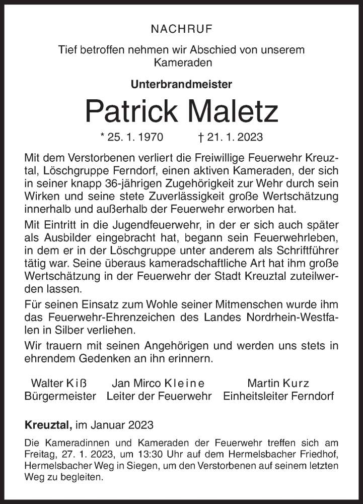  Traueranzeige für Patrick Maletz vom 25.01.2023 aus Siegener Zeitung