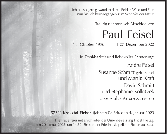 Traueranzeige von Paul Feisel von Siegener Zeitung