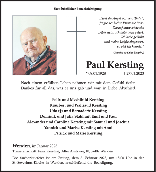 Traueranzeige von Paul Kersting von Siegener Zeitung