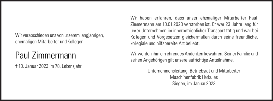 Traueranzeige von Paul Zimmermann von Siegener Zeitung