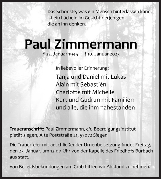Traueranzeige von Paul Zimmermann von Siegener Zeitung