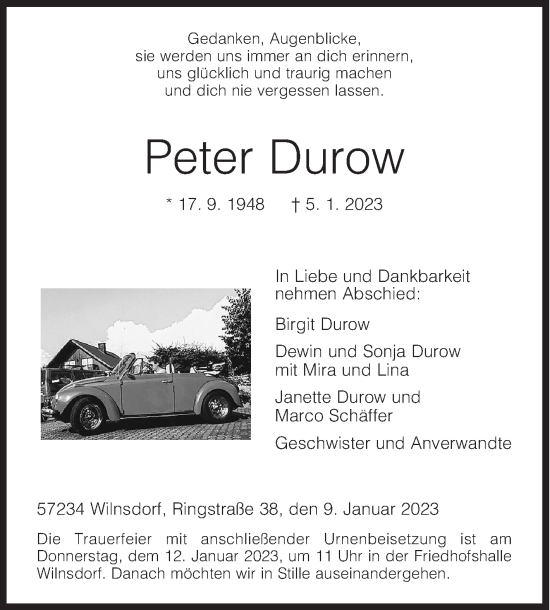 Traueranzeige von Peter Durow von Siegener Zeitung