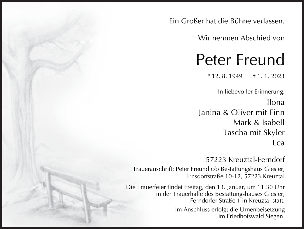  Traueranzeige für Peter Freund vom 07.01.2023 aus Siegener Zeitung