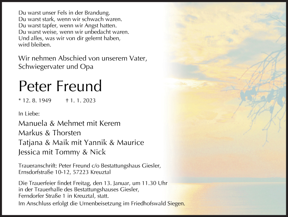 Traueranzeige für Peter Freund vom 07.01.2023 aus Siegener Zeitung