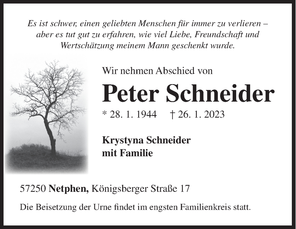  Traueranzeige für Peter Schneider vom 30.01.2023 aus Siegener Zeitung