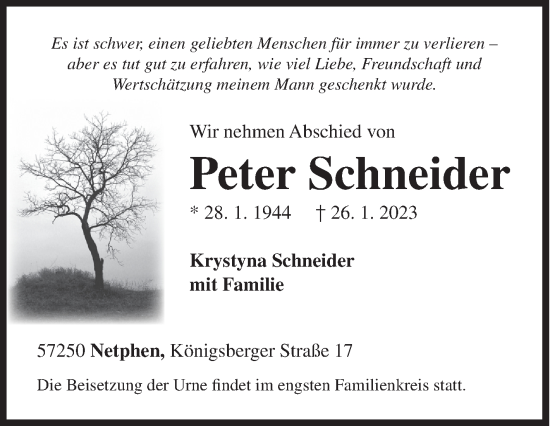 Traueranzeige von Peter Schneider von Siegener Zeitung