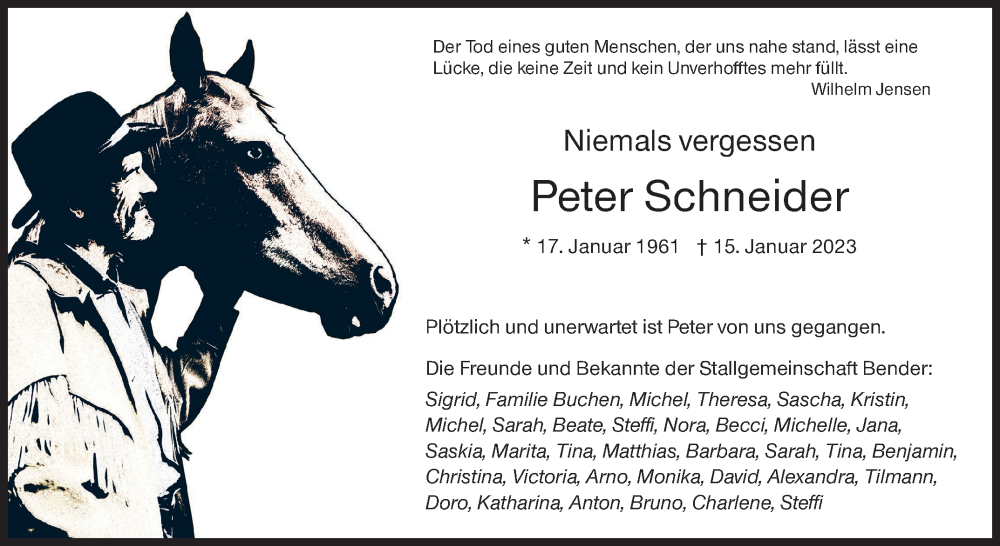  Traueranzeige für Peter Schneider vom 26.01.2023 aus Siegener Zeitung
