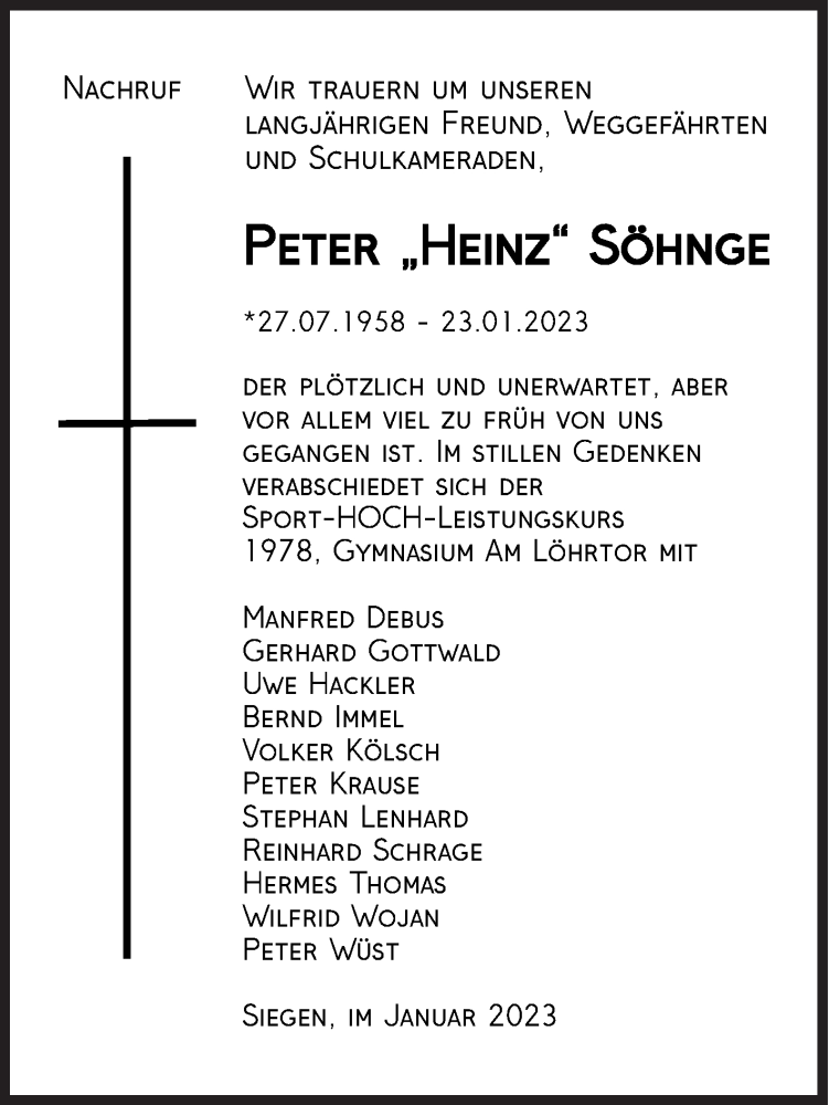  Traueranzeige für Peter Söhnge vom 28.01.2023 aus Siegener Zeitung