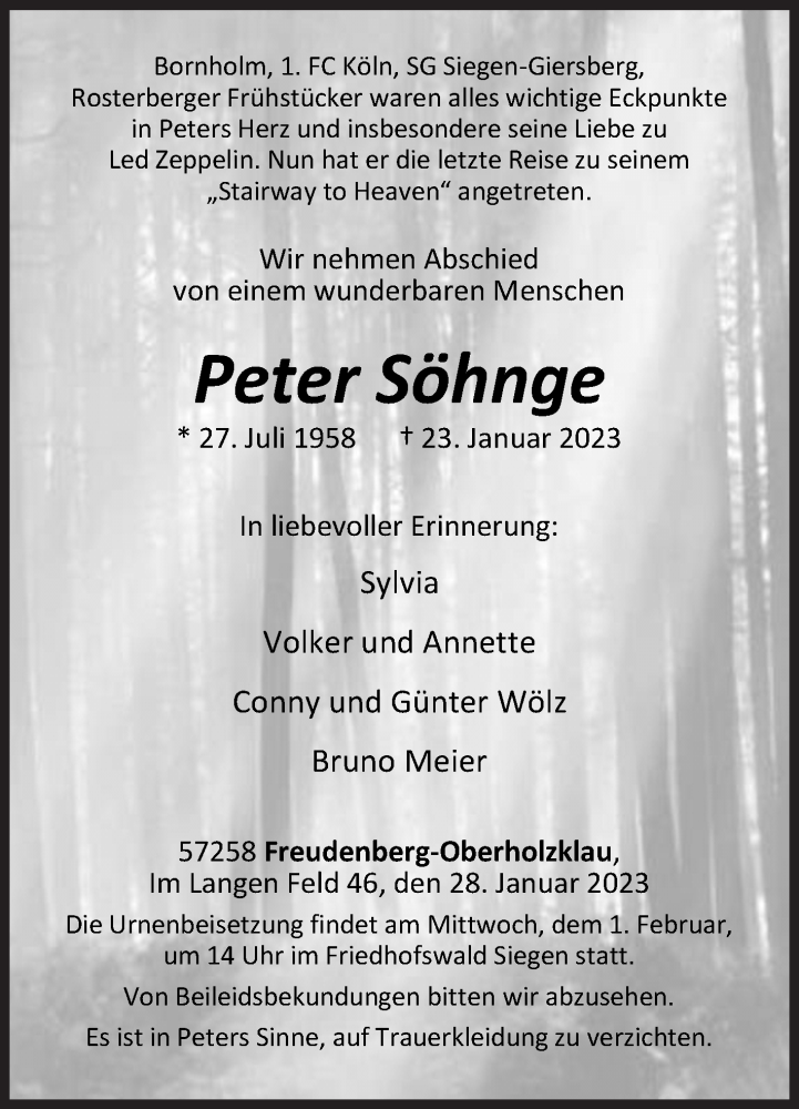  Traueranzeige für Peter Söhnge vom 28.01.2023 aus Siegener Zeitung