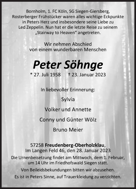Traueranzeige von Peter Söhnge von Siegener Zeitung