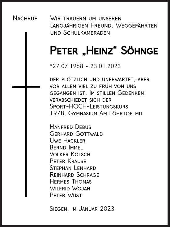 Traueranzeige von Peter Söhnge von Siegener Zeitung