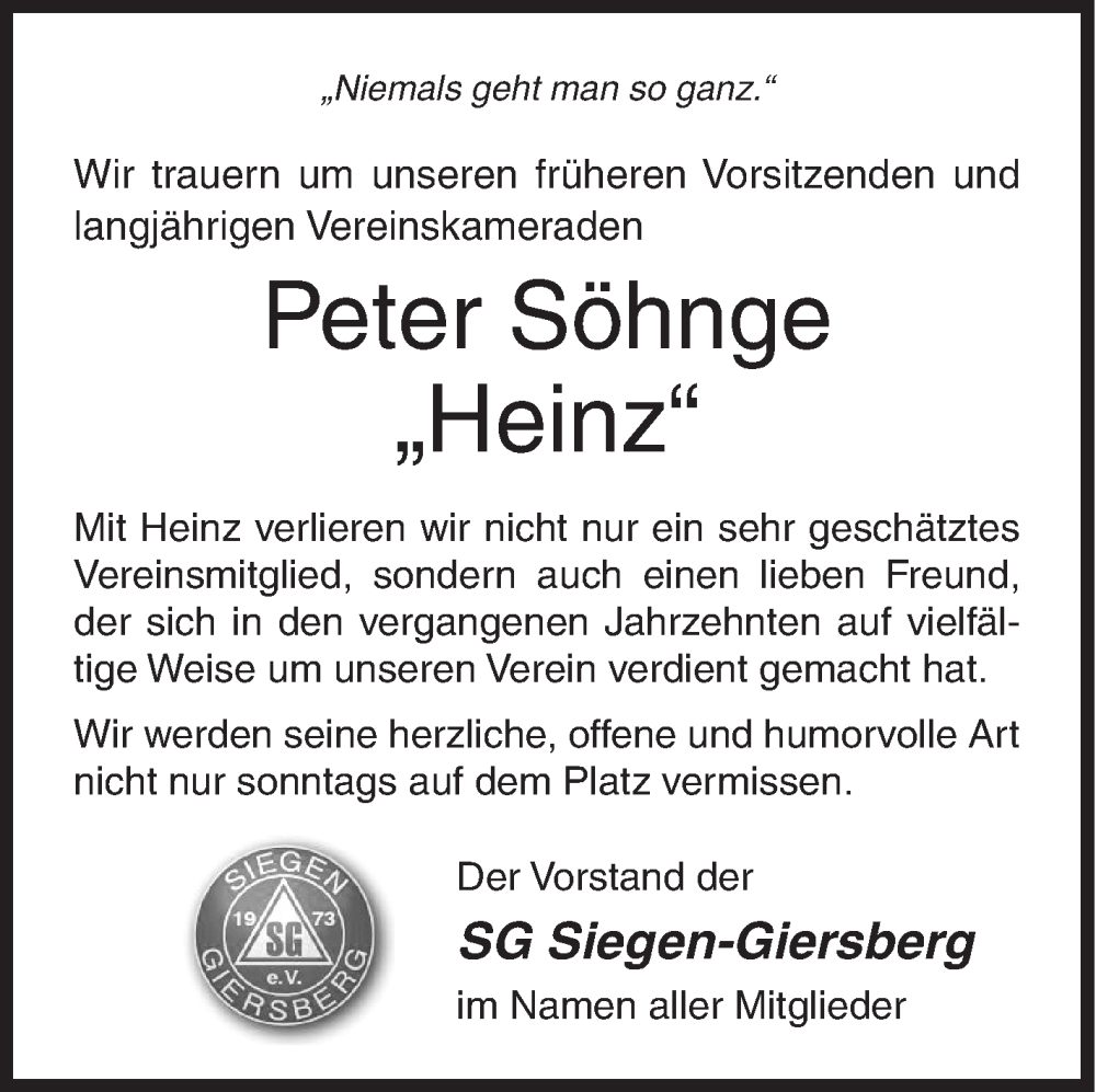  Traueranzeige für Peter Söhnge vom 28.01.2023 aus Siegener Zeitung