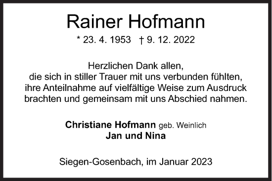 Traueranzeige von Rainer Hofmann von Siegener Zeitung