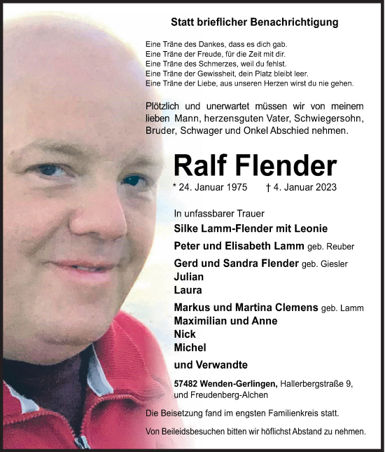 Traueranzeige von Ralf Flender von Siegener Zeitung