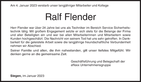 Traueranzeige von Ralf Flender von Siegener Zeitung