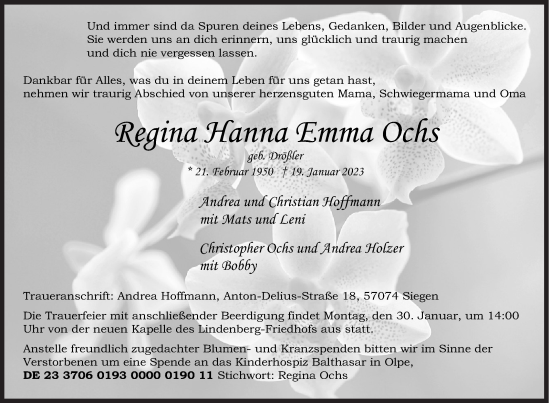Traueranzeige von Regina Ochs von Siegener Zeitung