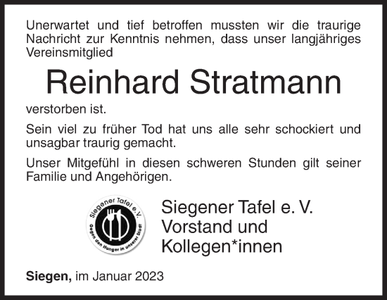 Traueranzeige von Reinhard Stratmann von Siegener Zeitung