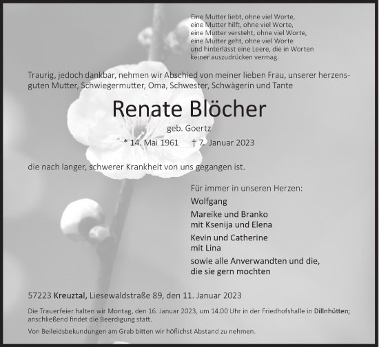 Traueranzeige von Renate Blöcher von Siegener Zeitung