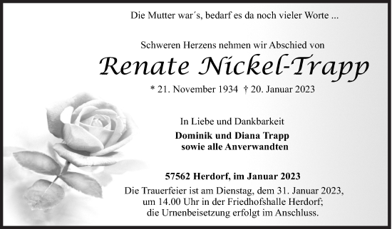 Traueranzeige von Renate Nickel-Trapp von Siegener Zeitung