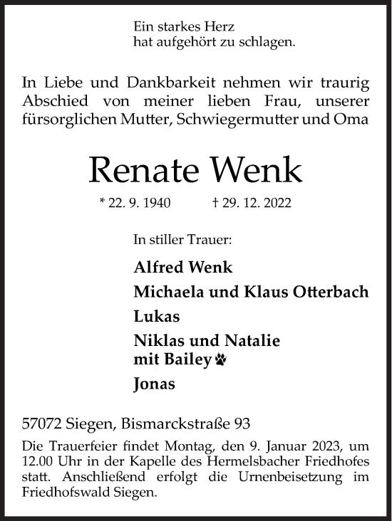 Traueranzeige von Renate Wenk von Siegener Zeitung