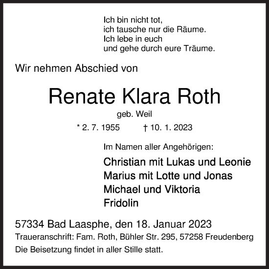 Traueranzeige von Renate Klara Roth von Siegener Zeitung