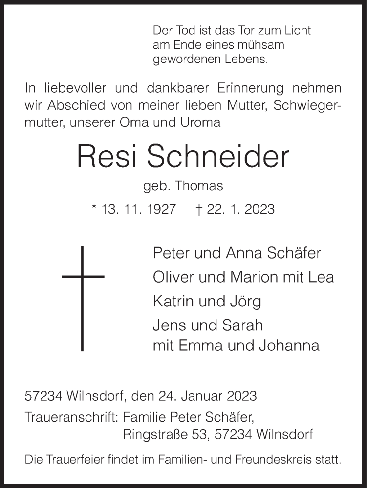  Traueranzeige für Resi Schneider vom 24.01.2023 aus Siegener Zeitung