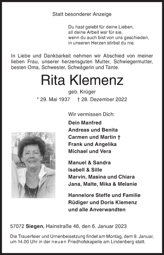 Traueranzeige von Rita Klemenz von Siegener Zeitung