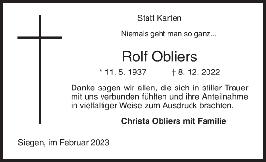 Traueranzeige von Rolf Obliers von Siegener Zeitung