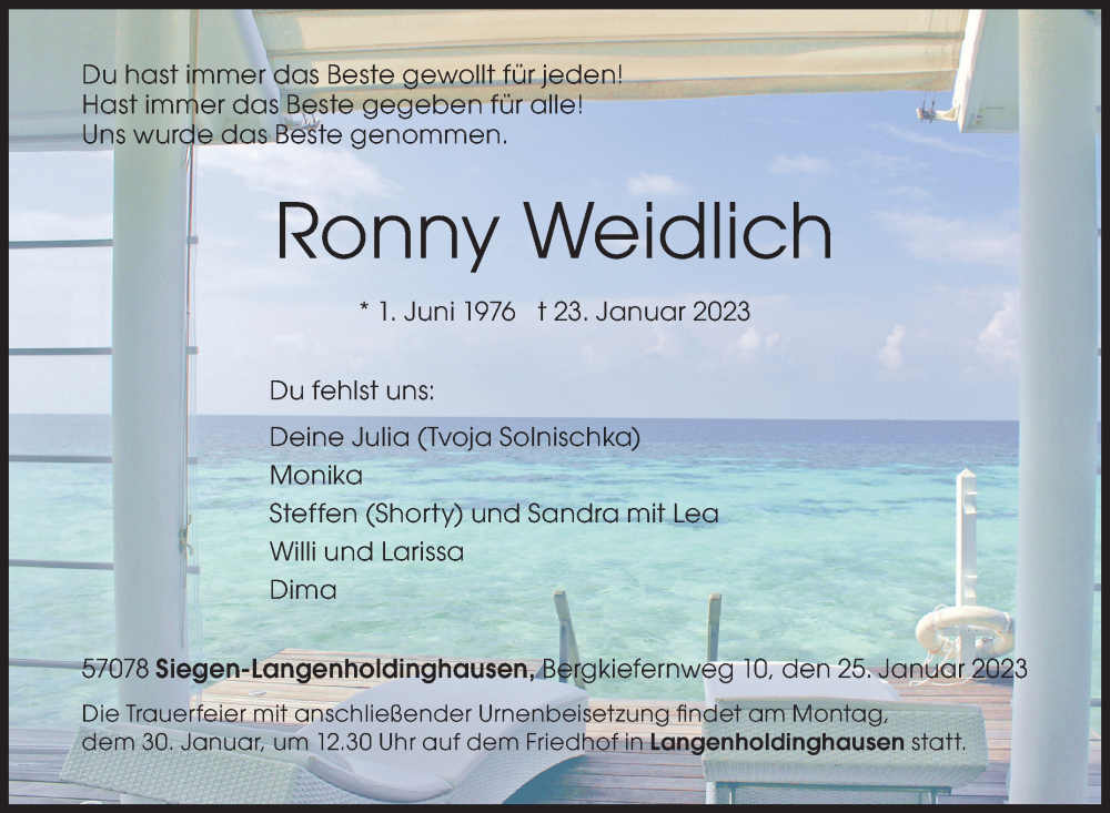  Traueranzeige für Ronny Weidlich vom 25.01.2023 aus Siegener Zeitung