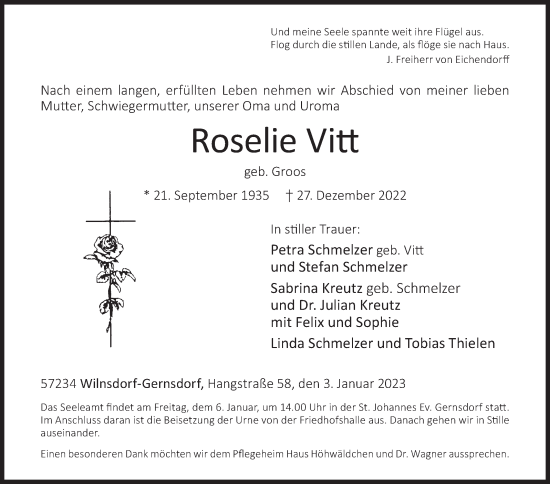 Traueranzeige von Roselie Vitt von Siegener Zeitung