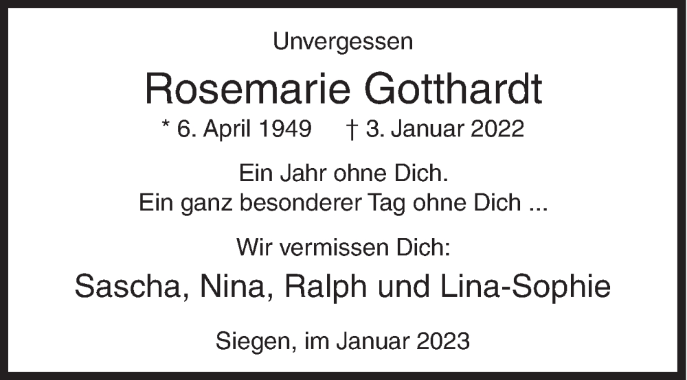  Traueranzeige für Rosemarie Gotthardt vom 03.01.2023 aus Siegener Zeitung