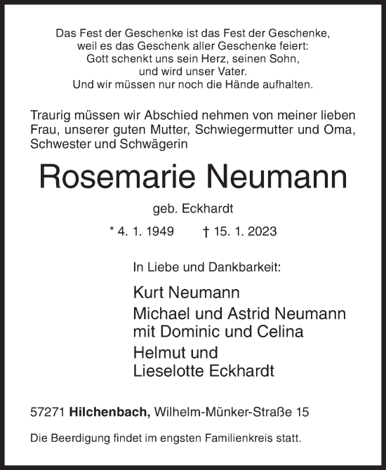 Traueranzeige von Rosemarie Neumann von Siegener Zeitung