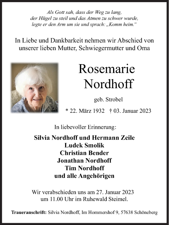 Traueranzeige von Rosemarie Nordhoff von Siegener Zeitung