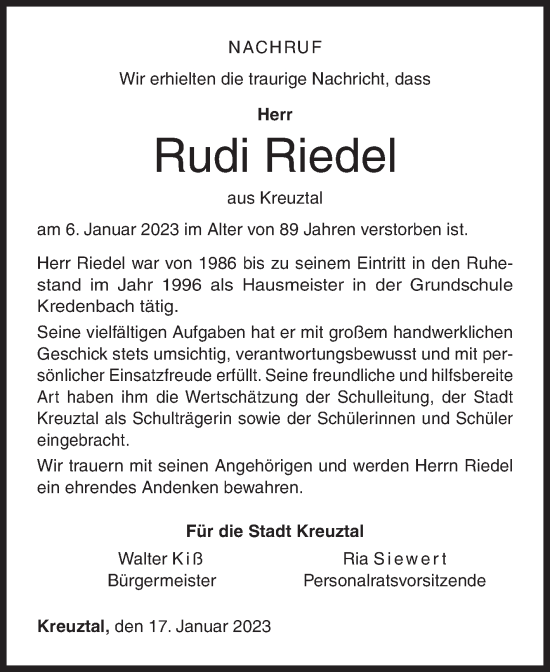Traueranzeige von Rudi Riedel von Siegener Zeitung