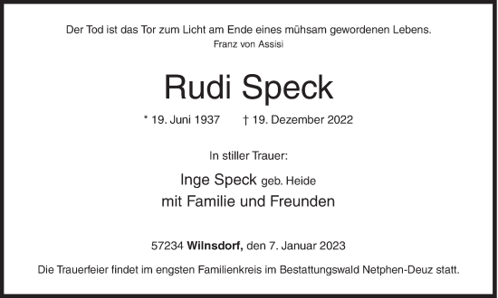 Traueranzeige von Rudi Speck von Siegener Zeitung