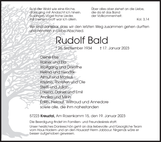 Traueranzeige von Rudolf Bald von Siegener Zeitung