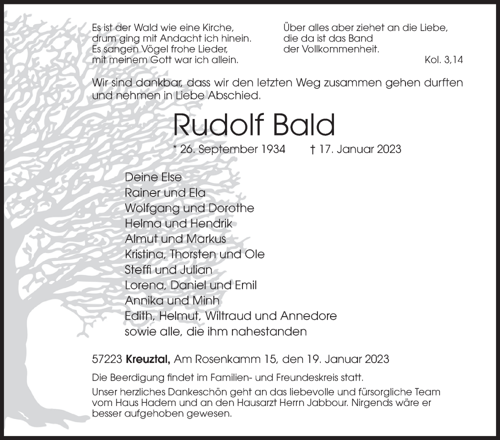  Traueranzeige für Rudolf Bald vom 19.01.2023 aus Siegener Zeitung
