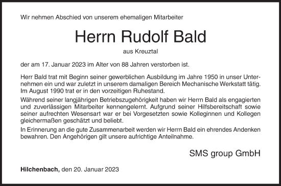 Traueranzeige von Rudolf Bald von Siegener Zeitung