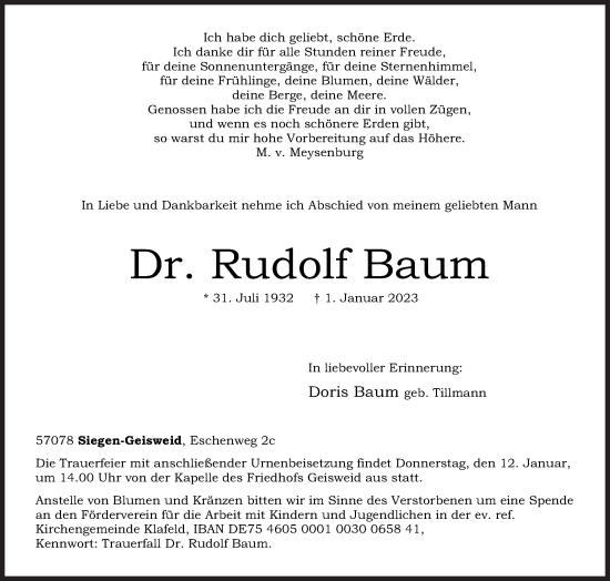 Traueranzeige von Rudolf Baum von Siegener Zeitung