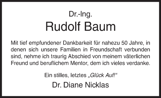 Traueranzeige von Rudolf Baum von Siegener Zeitung