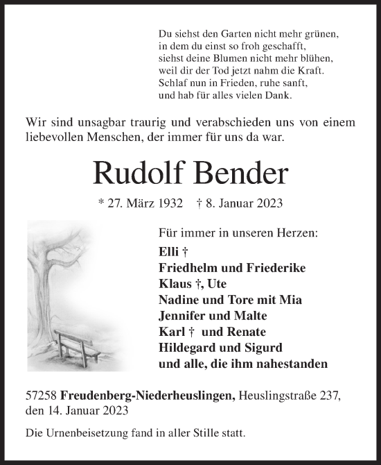 Traueranzeige von Rudolf Bender von Siegener Zeitung