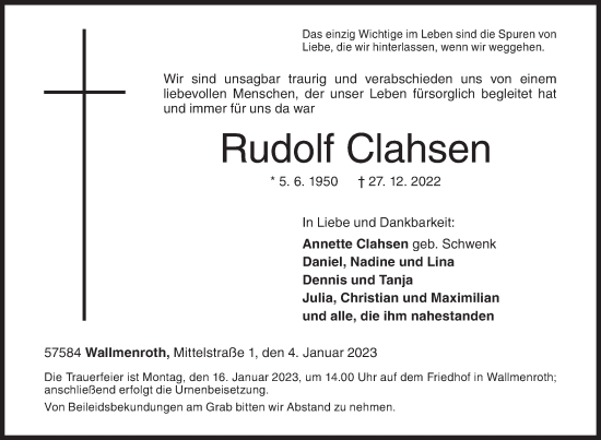 Traueranzeige von Rudolf Clahsen von Siegener Zeitung