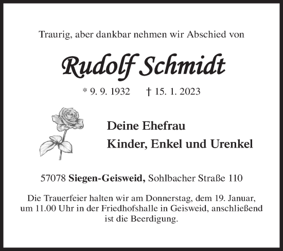 Traueranzeige von Rudolf Schmidt von Siegener Zeitung