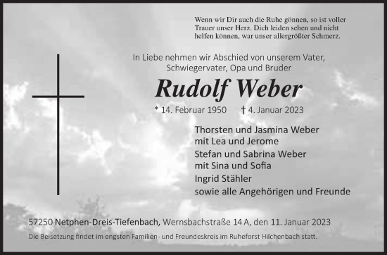 Traueranzeige von Rudolf Weber von Siegener Zeitung