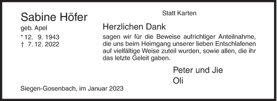 Traueranzeige von Sabine Höfer von Siegener Zeitung