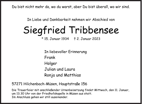 Traueranzeige von Siegfried Tribbensee von Siegener Zeitung
