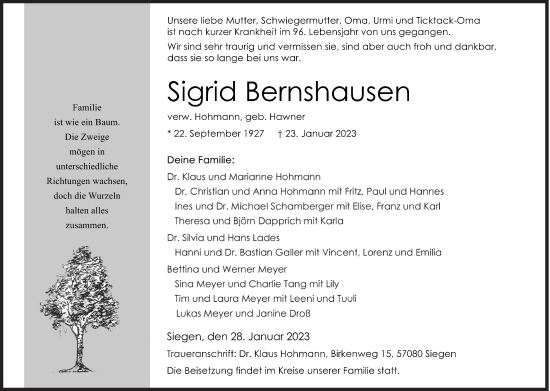 Traueranzeige von Sigrid Bernshausen von Siegener Zeitung